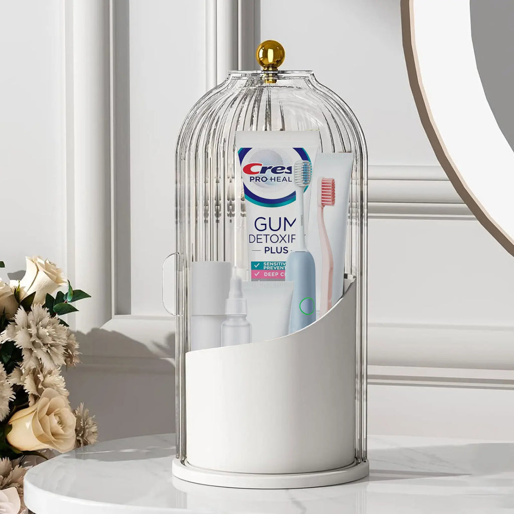 360° Rotating Clear Toothbrush Holder with Transparent Door – Countertop Bathroom Vanity Organizer (1-Pack)