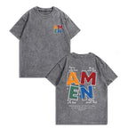 AMEN Vintage Distressed Tee | 230g Premium Washed Cotton | Classic Letter Graphic T-Shirt - Unisex Casual Fit