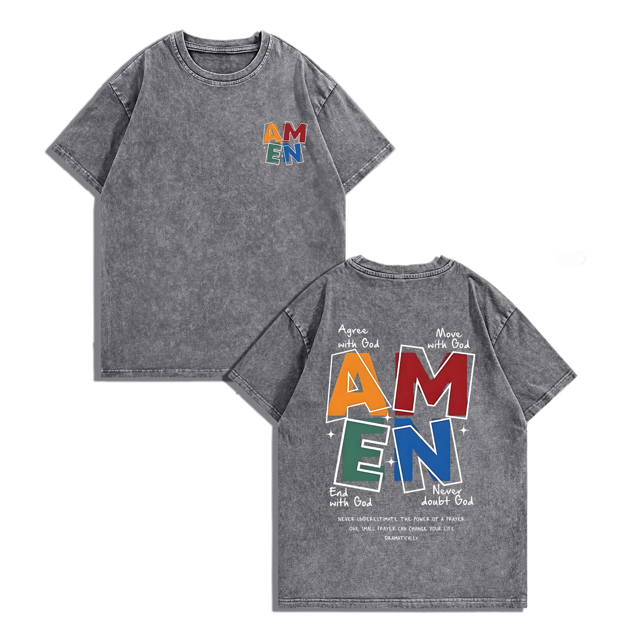 AMEN Vintage Distressed Tee | 230g Premium Washed Cotton | Classic Letter Graphic T-Shirt - Unisex Casual Fit