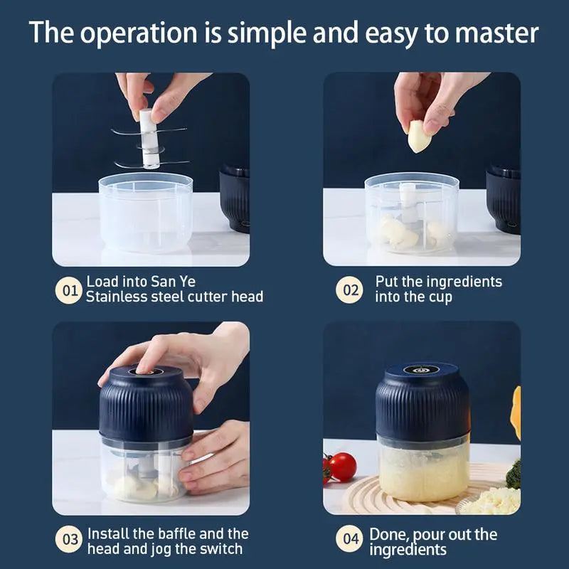 Cordless Electric Garlic Chopper (300ML) – Portable 4-Blade Food Processor & Veggie Grinder