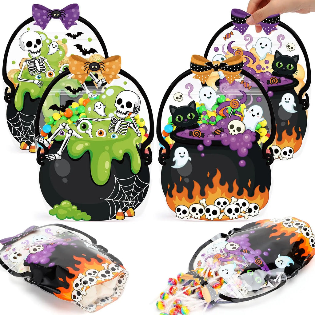 24/50-Pack Halloween Plastic Goodie Bags – Trick-or-Treat Candy Bags with Pumpkin & Skeleton Design