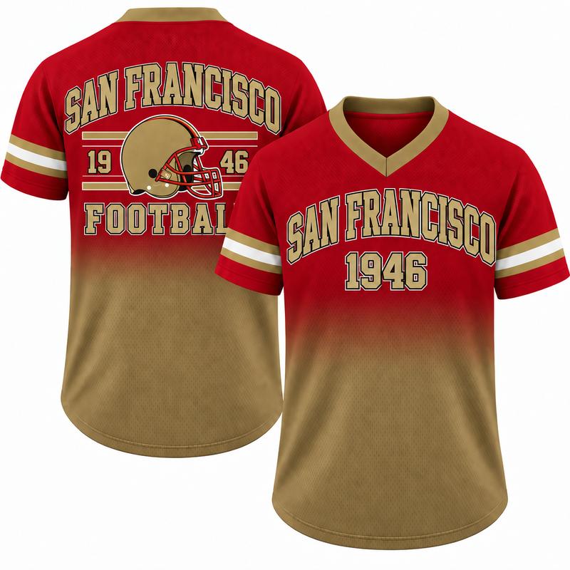Game Day Gradient V-Neck Jersey – City Helmet Print Short-Sleeve Mesh Fan Shirt