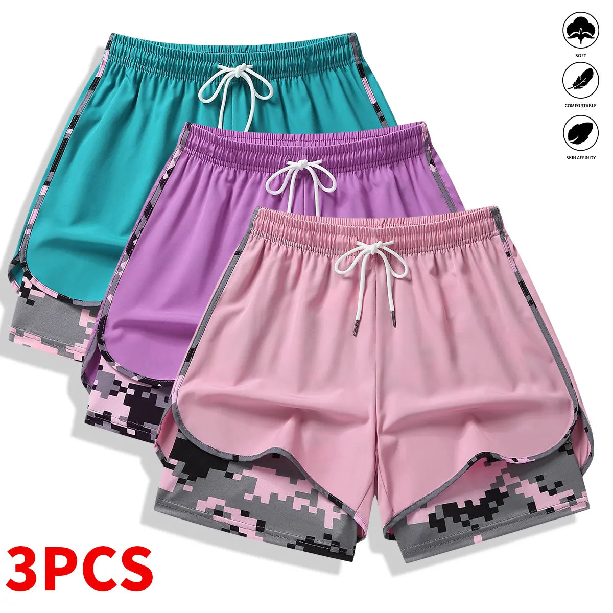 3-Pack Women’s Athletic Shorts with Liner – Drawstring Elastic Waistband Running Shorts
