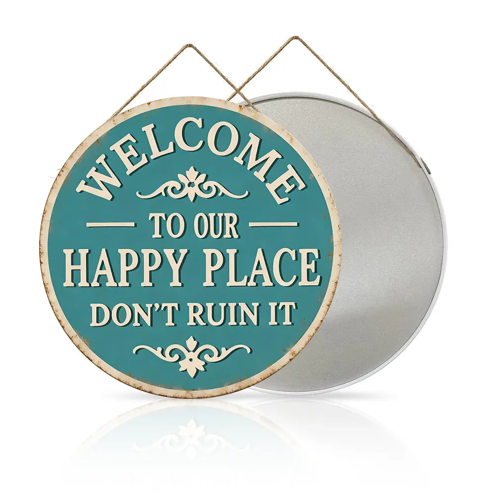 "Welcome to My Happy Place" Metal Wall Art - Multicolor Farmhouse Tin Sign Decor