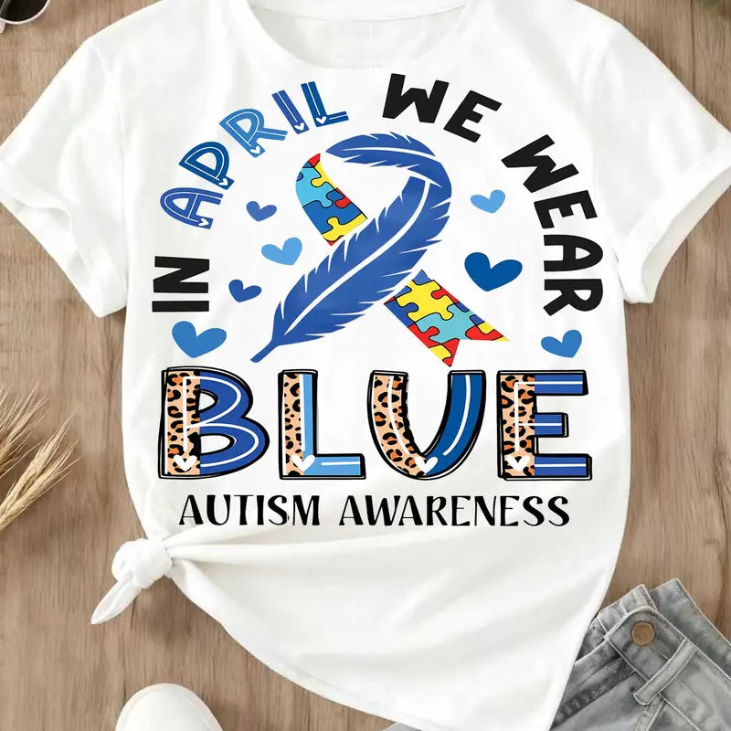 "In April We Wear Blue" Shirt | Autism Awareness Ribbon & Puzzle Tee