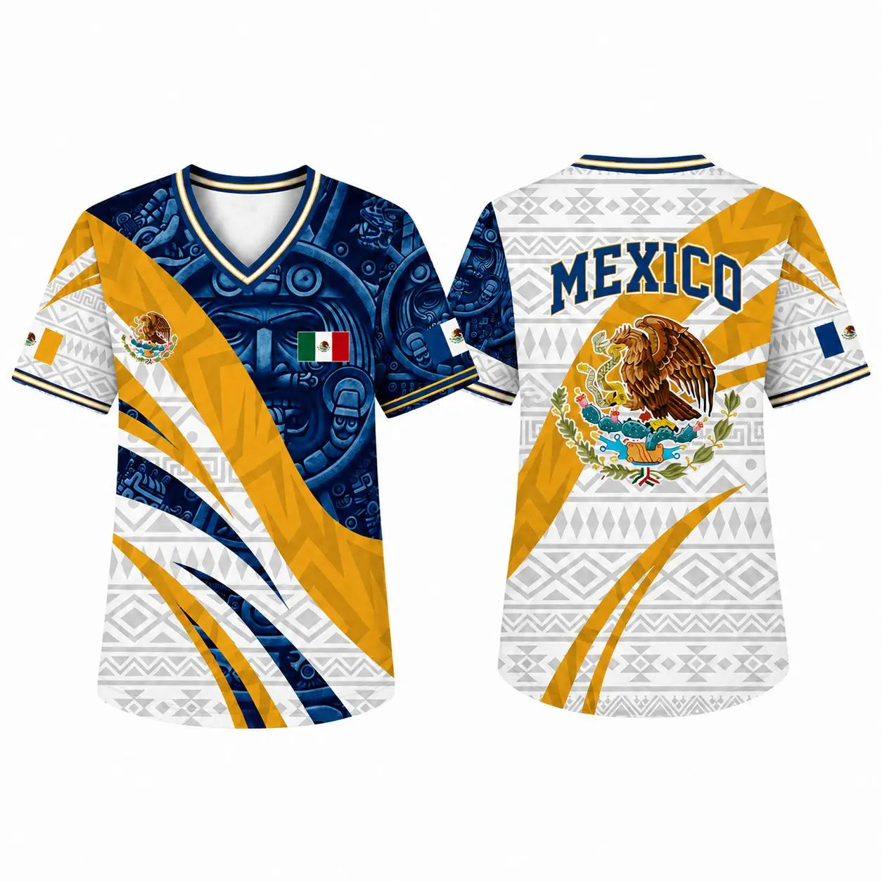 Mexico Flag Eagle V-Neck Jersey – Aztec Pattern Patriotic Soccer Style Shirt