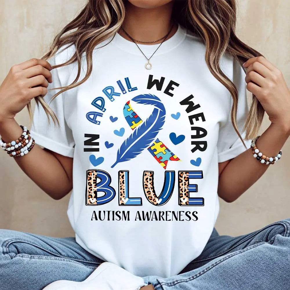 "In April We Wear Blue" Shirt | Autism Awareness Ribbon & Puzzle Tee