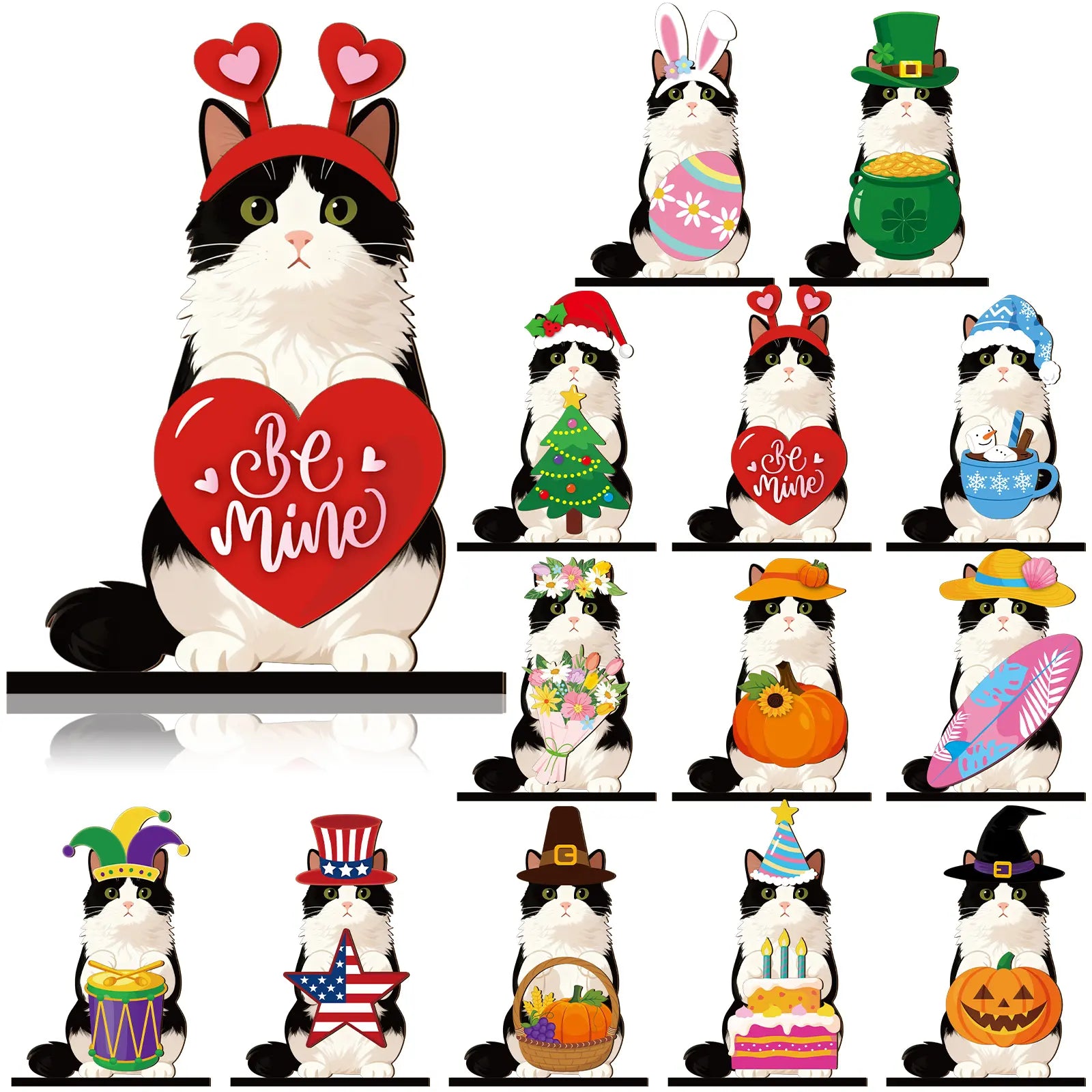 Interchangeable Cat Wooden Desk Decor with Magnetic Seasonal Hats – Cute Holiday Gift for Cat Lovers