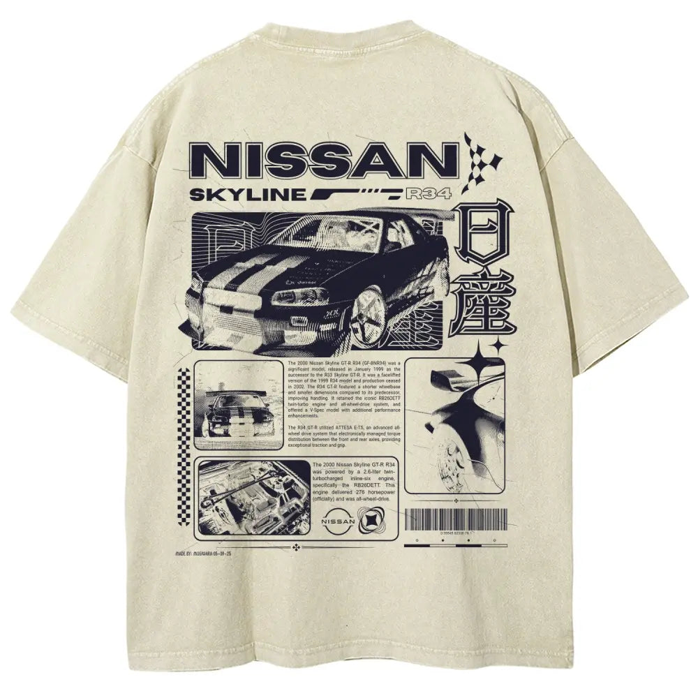 Vintage Skyline JDM Graphic Tee | Washed Heavyweight Streetwear Shirt