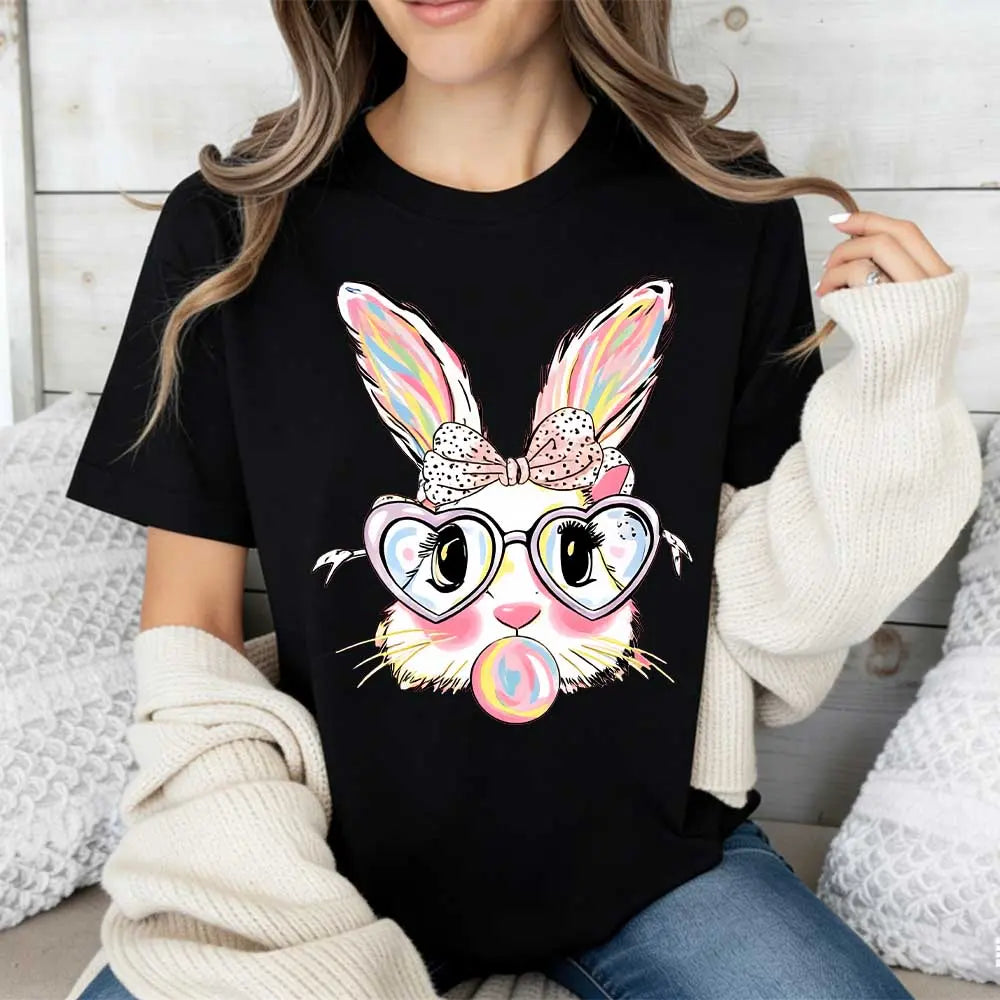Cute Easter Bunny T-Shirt | Colorful Rabbit with Heart Glasses & Bubblegum