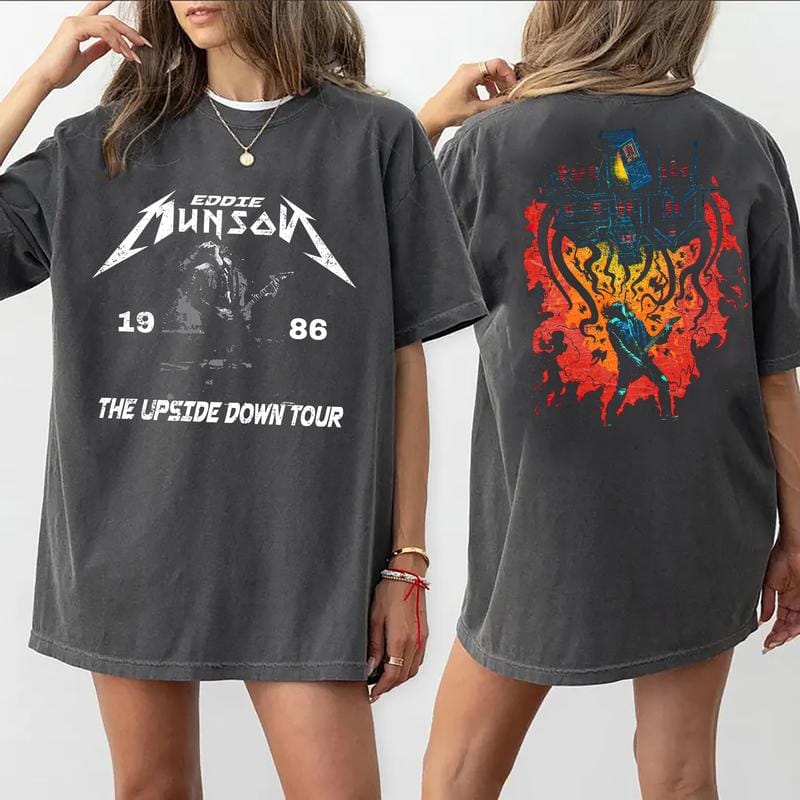 Retro Eddie Munson T-Shirt (2-seitig), Eddie Upside Down Grafik-Sweatshirt, Hoodie 