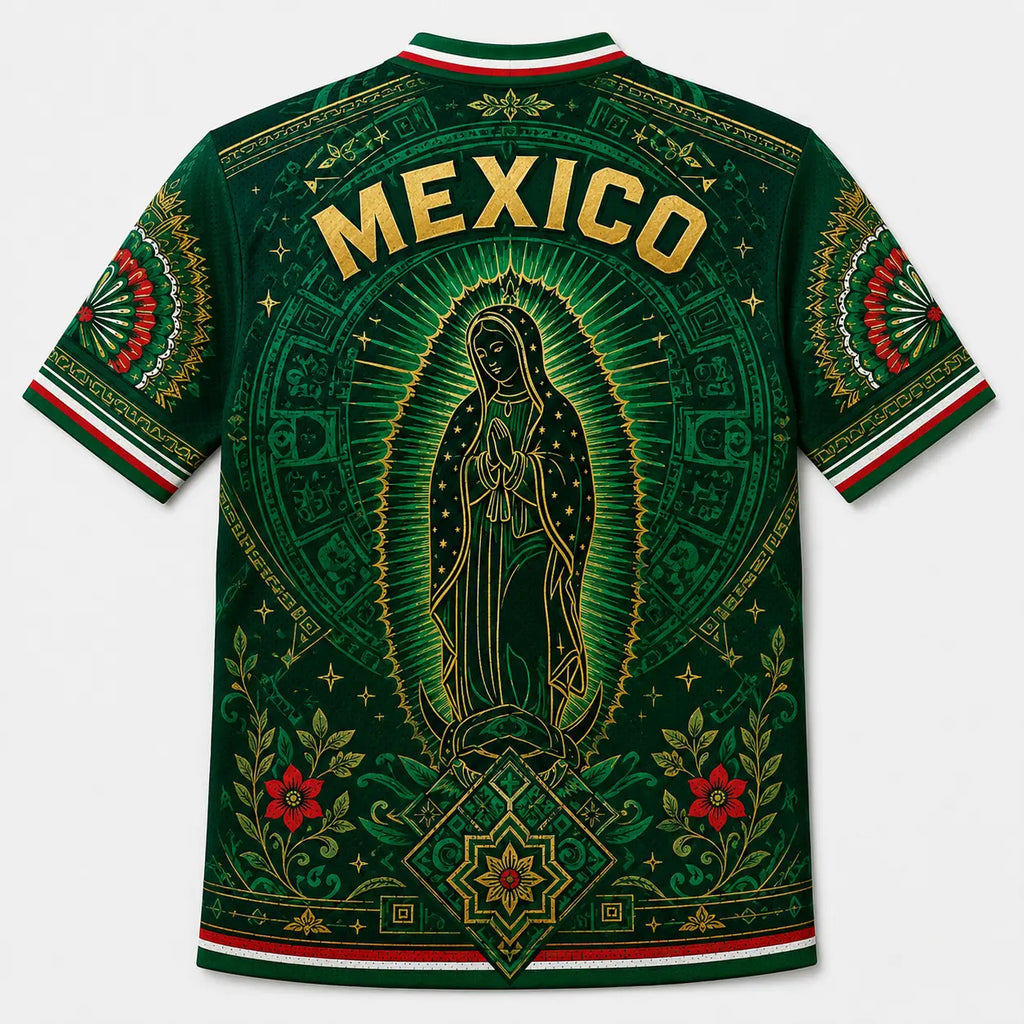 2026 Mexico Inspired Green V-Neck Soccer Jersey – Guadalupe & Aztec Art Graphic Fan Tee