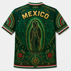 2026 Mexico Inspired Green V-Neck Soccer Jersey – Guadalupe & Aztec Art Graphic Fan Tee