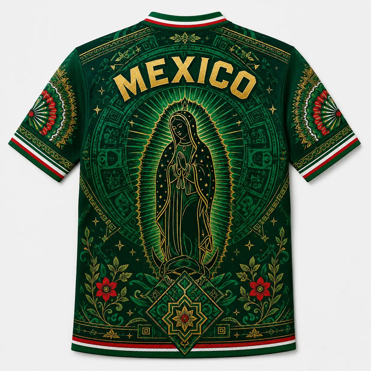2026 Mexico Inspired Green V-Neck Soccer Jersey – Guadalupe & Aztec Art Graphic Fan Tee