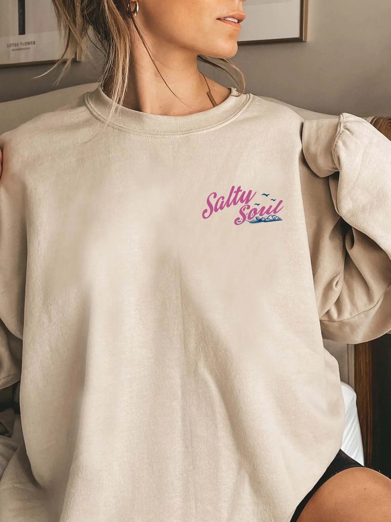 Vintage 90s Babe Letter Print Fleece Pullover, Casual Holiday Style Round Neck Sweatshirt, Fall & Winter Thick Fabric Loose Fit