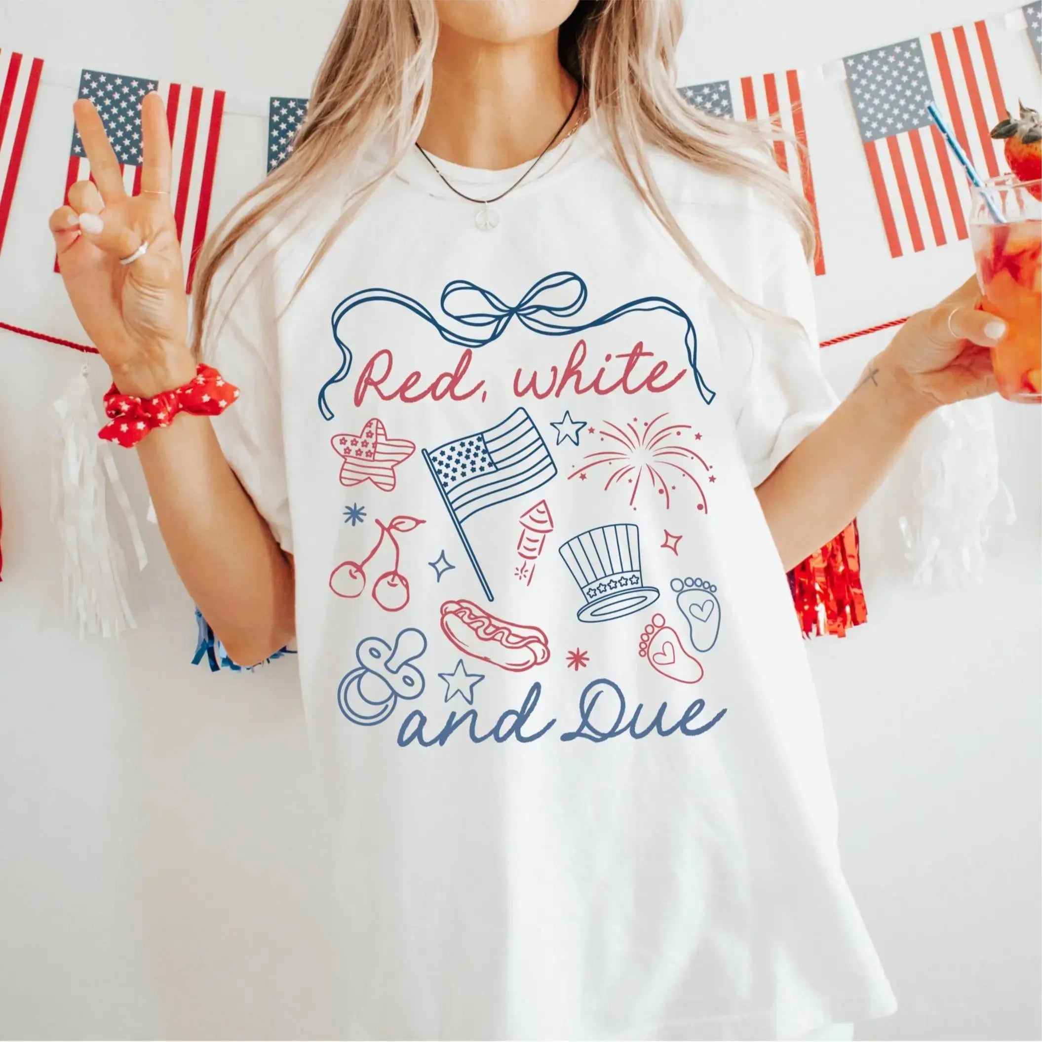 "Red White and Due" 4th of July Pregnancy Announcement T-Shirt