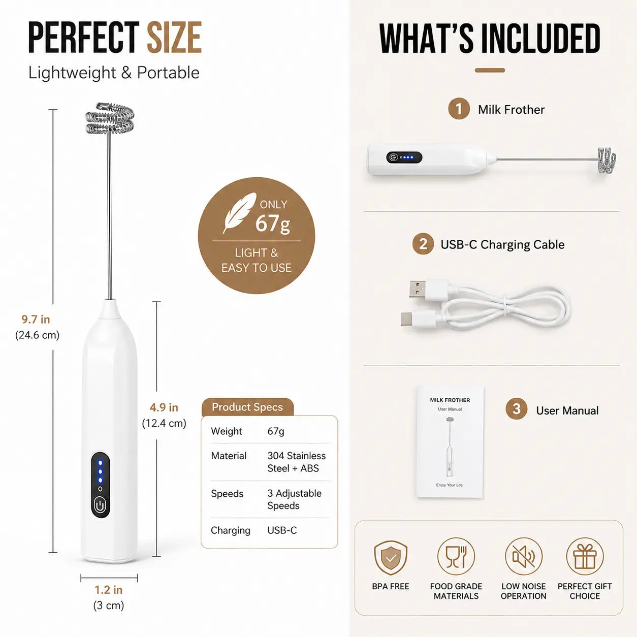 Electric Handheld Milk Frother – USB-C Rechargeable Stainless Steel Foam Maker