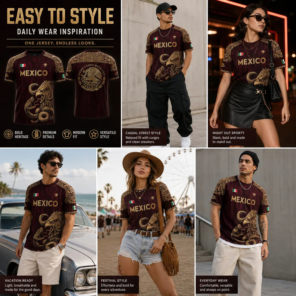 Mexico Soccer Jersey – Aztec Eagle & Serpent Graphic Shirt, Unisex Short Sleeve Burgundy & Gold Fan Apparel