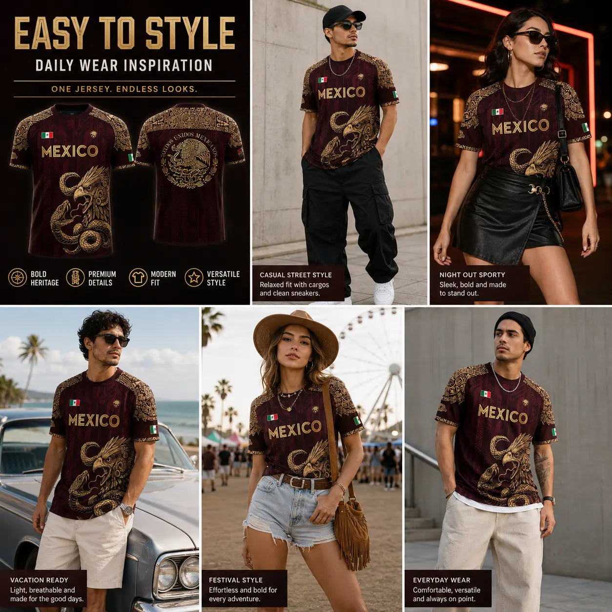 Mexico Soccer Jersey – Aztec Eagle & Serpent Graphic Shirt, Unisex Short Sleeve Burgundy & Gold Fan Apparel
