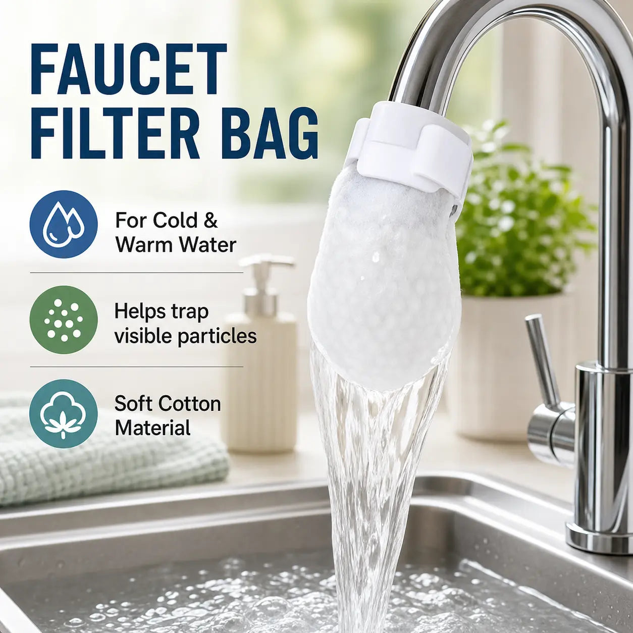 Faucet Cotton Sediment Filter Sock Bags – 50 Pack Splash-Reducing Tap Water Strainer