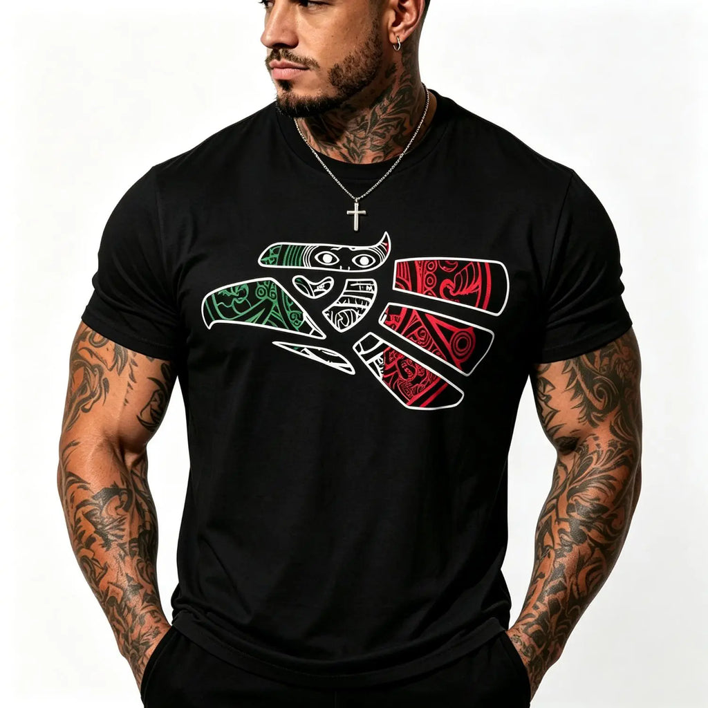 Latino Heritage Cotton T-Shirt – Mexico Flag Tattoo Eagle Tribal Graphic Tee for Men