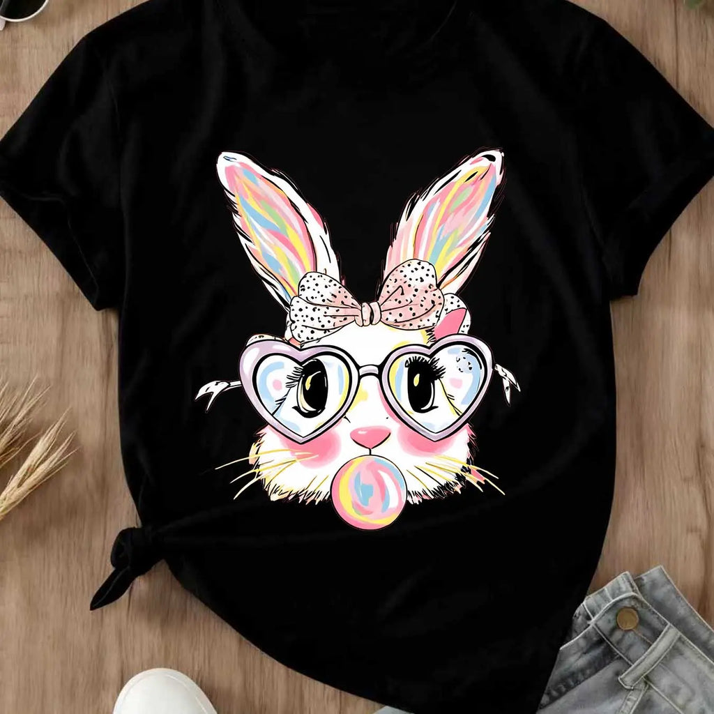 Cute Easter Bunny T-Shirt | Colorful Rabbit with Heart Glasses & Bubblegum