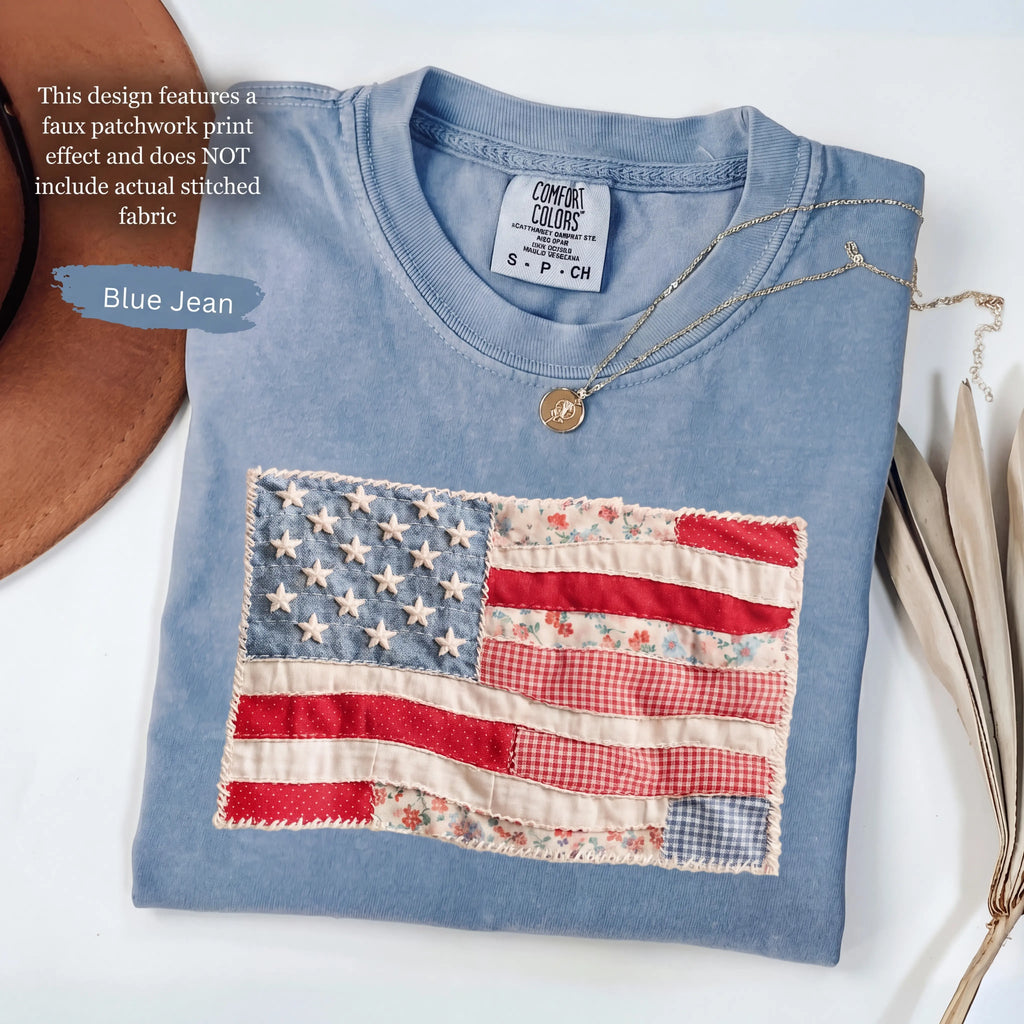 (FAUX PATCHWORK-PRINT) Comfort Colors Retro American Flag Patriotic Shirt - HARSIN 4th of July Graphic Tee