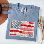 (FAUX PATCHWORK-PRINT) Comfort Colors Retro American Flag Patriotic Shirt - HARSIN 4th of July Graphic Tee