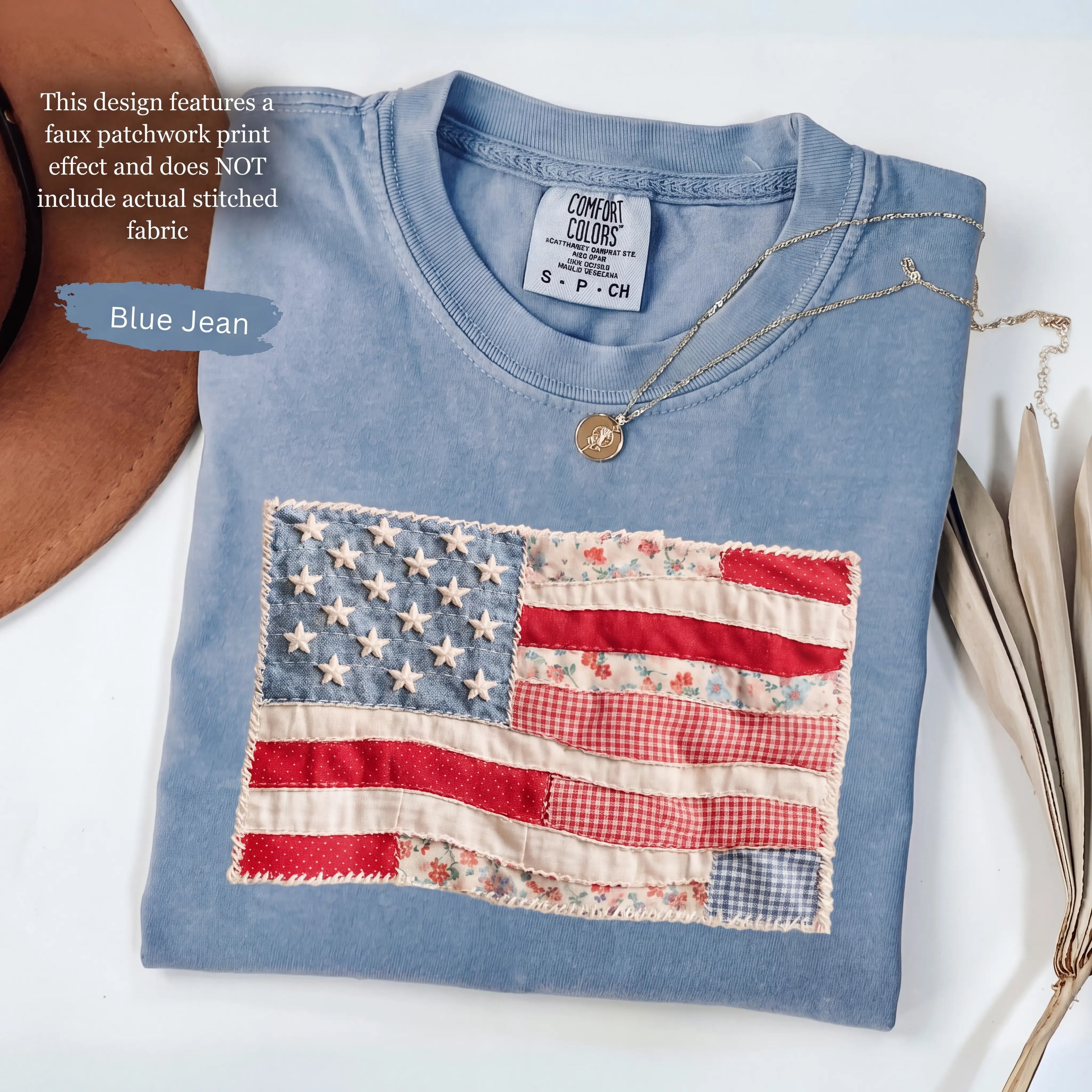 (FAUX PATCHWORK-PRINT) Comfort Colors Retro American Flag Patriotic Shirt - HARSIN 4th of July Graphic Tee