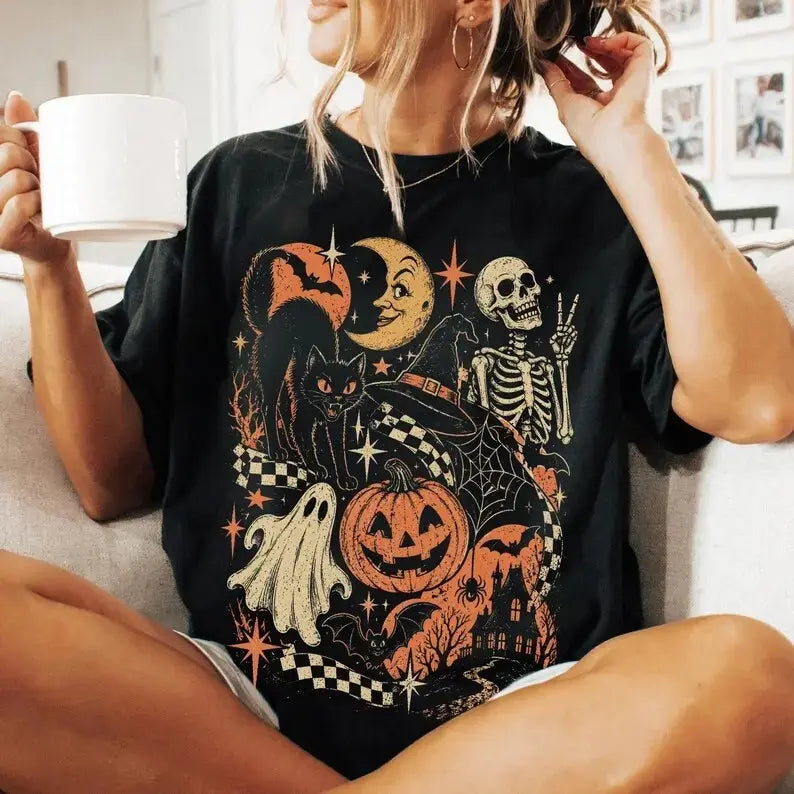 Retro Halloween Vintage Black Cat Ghost Graphic T-Shirt – Spooky Y2K Tee