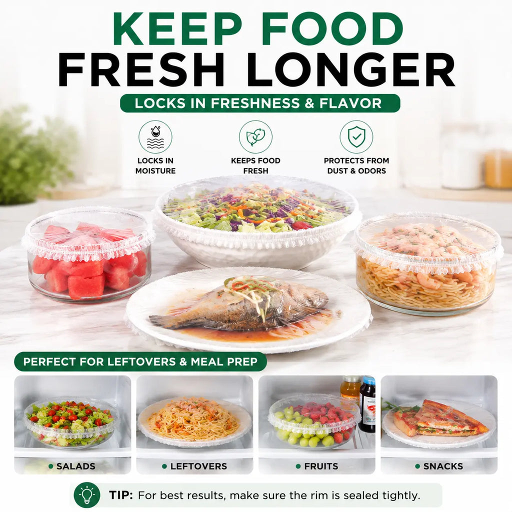 100-Pack Disposable Stretch Plastic Food Covers – Elastic Bowl Covers for Kitchen Storage