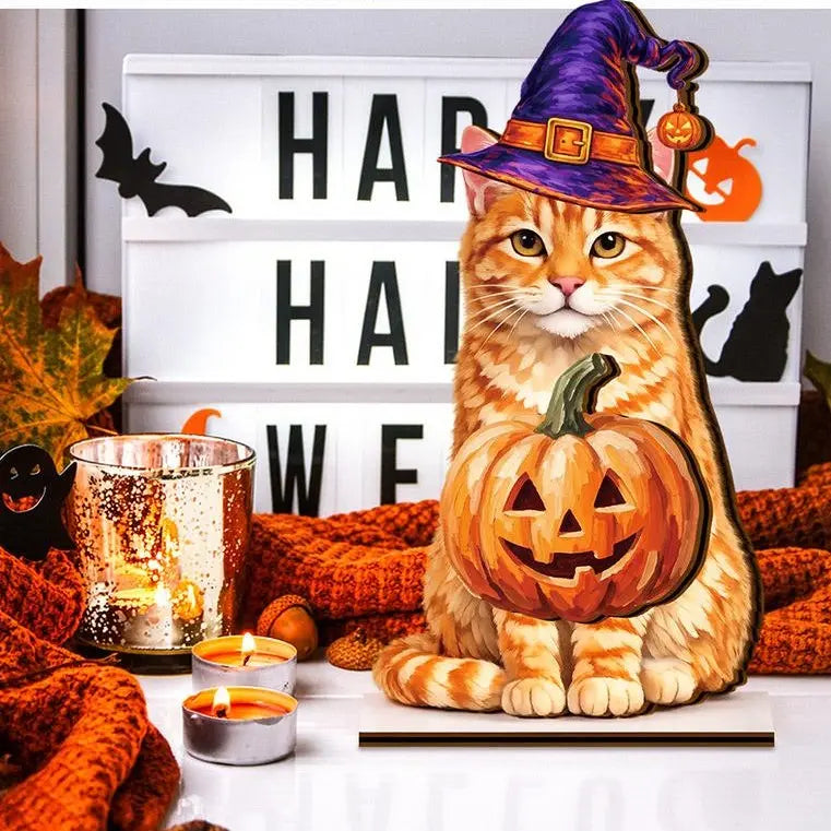 Interchangeable Cat Wooden Desk Decor with Magnetic Seasonal Hats – Cute Holiday Gift for Cat Lovers