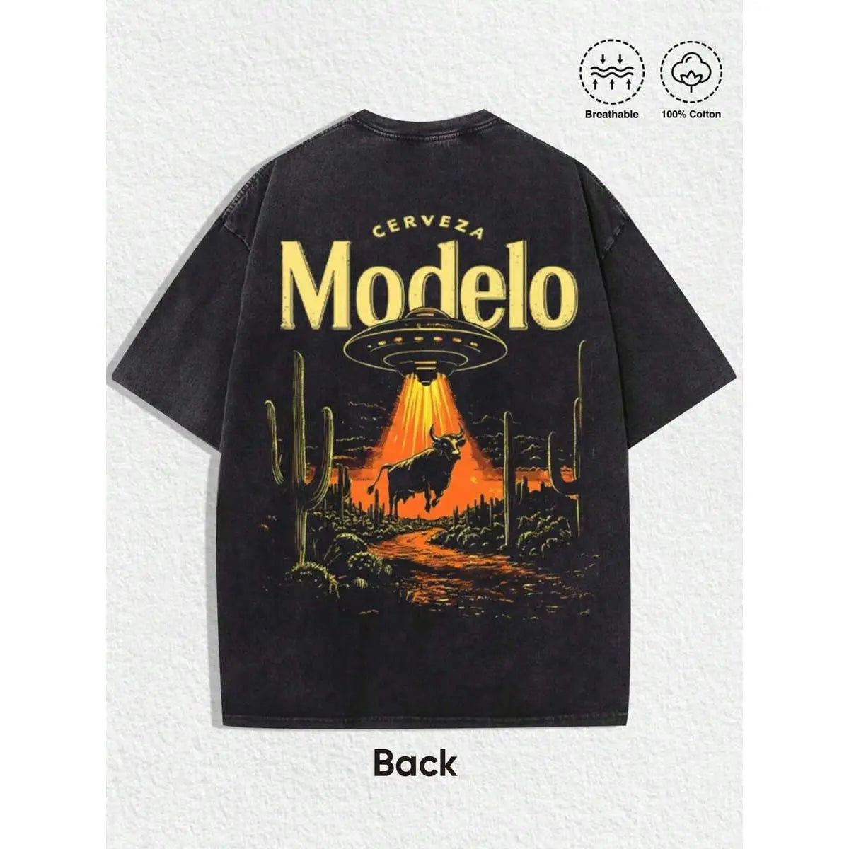 'Cerveza Modelo' Retro UFO & Bull Desert Graphic T-Shirt - Vintage Distressed Streetwear