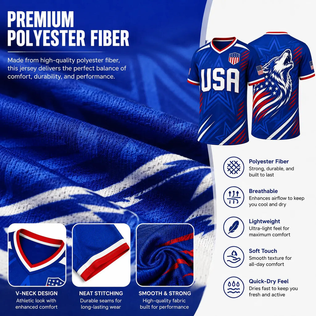 USA Patriotic Wolf Graphic V-Neck Sports Jersey – Lightweight Quick-Dry Athletic Top