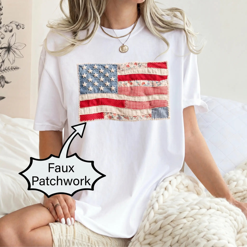 (FAUX PATCHWORK-PRINT) Comfort Colors Retro American Flag Patriotic Shirt - HARSIN 4th of July Graphic Tee