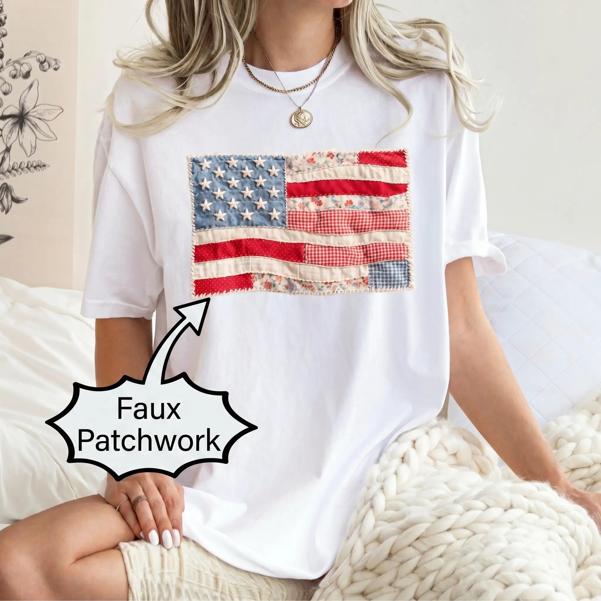 (FAUX PATCHWORK-PRINT) Comfort Colors Retro American Flag Patriotic Shirt - HARSIN 4th of July Graphic Tee