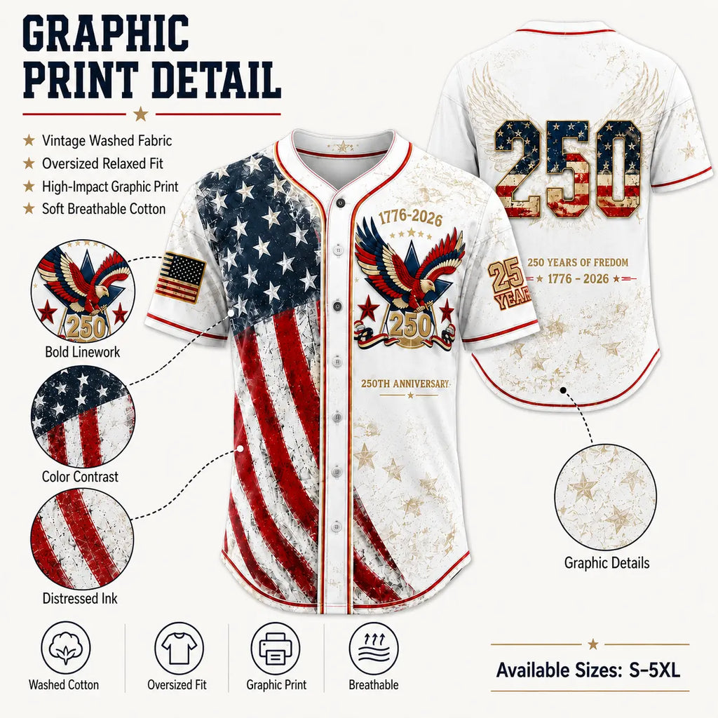 Men's USA 250th Anniversary Baseball Jersey – Vintage Patriotic 1776-2026 Eagle Button Down Shirt