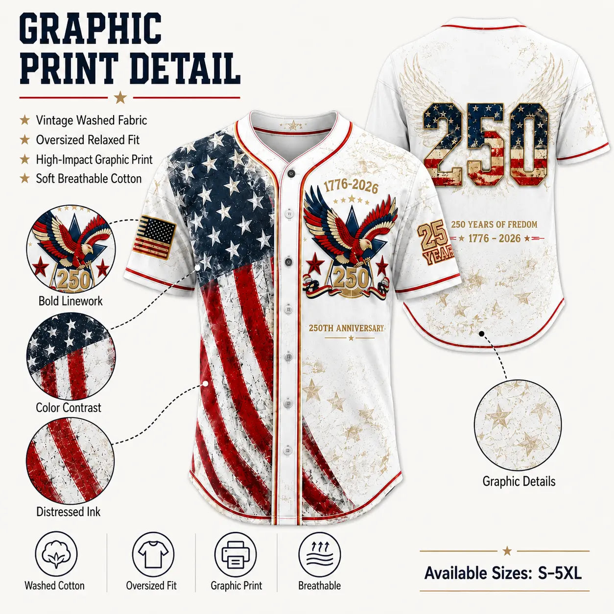 Men's USA 250th Anniversary Baseball Jersey – Vintage Patriotic 1776-2026 Eagle Button Down Shirt
