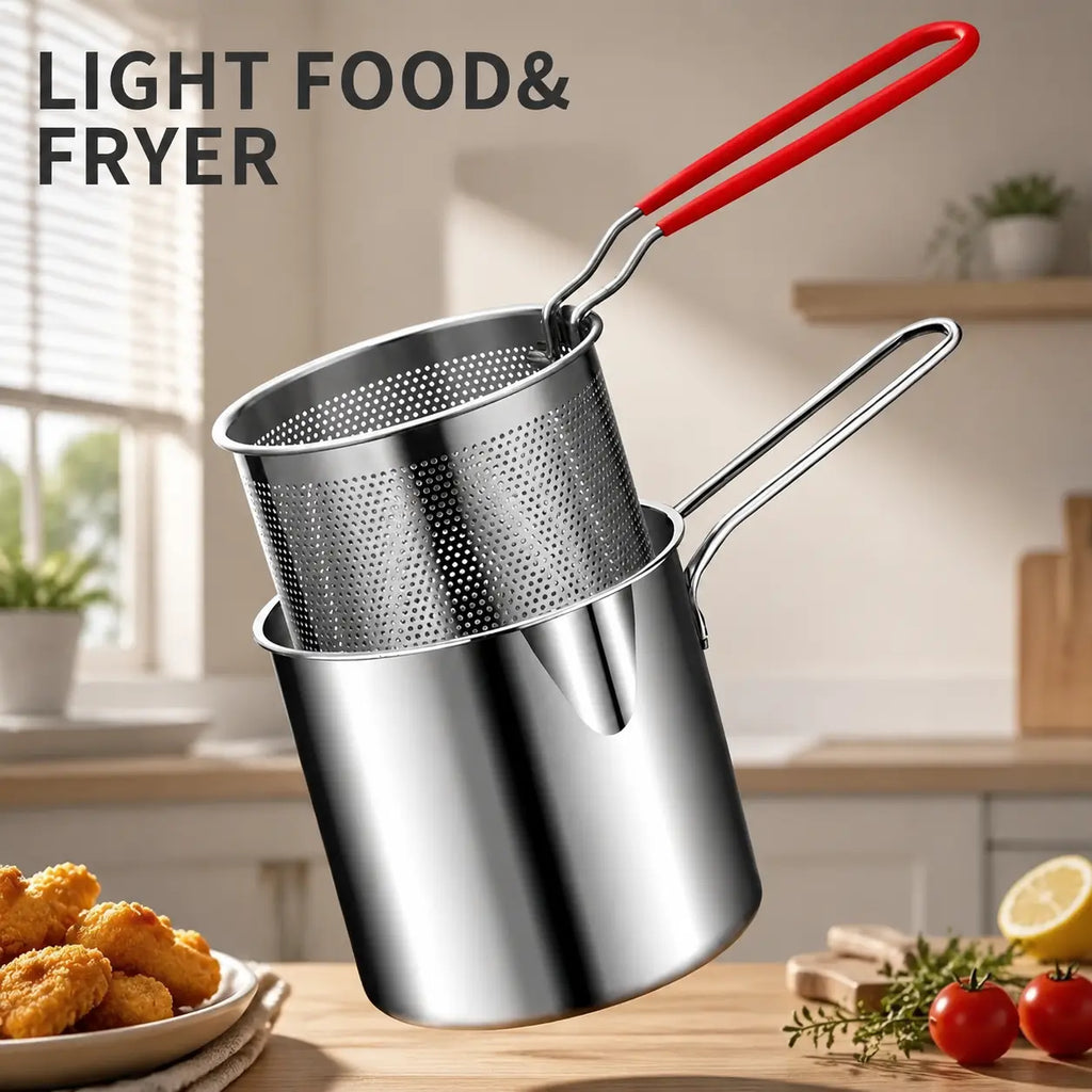 3-Piece Stainless Steel Mini Deep Fryer Set – Portable Pot with Strainer Basket & Food Tongs