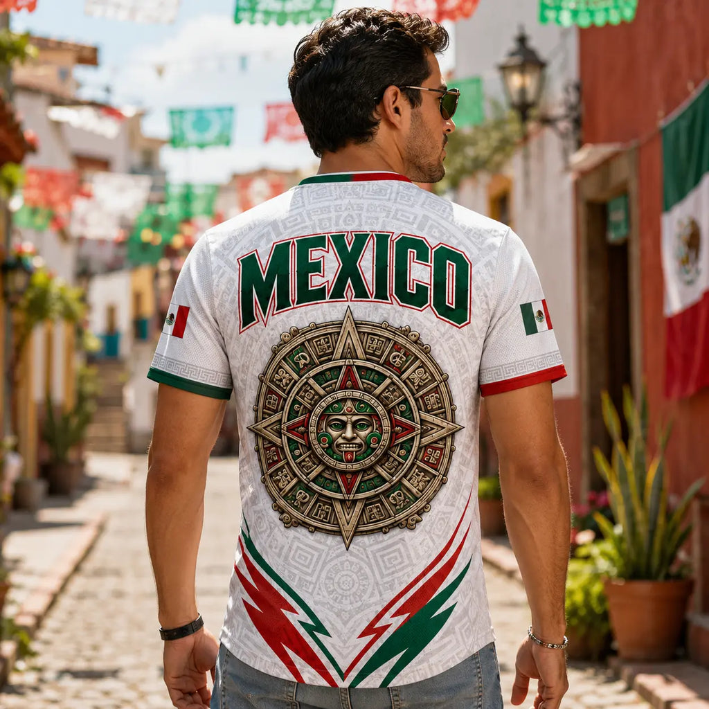 2026 Mexico Inspired V-Neck Soccer Jersey – Aztec Eagle, Serpent & Calendar Graphic Tee