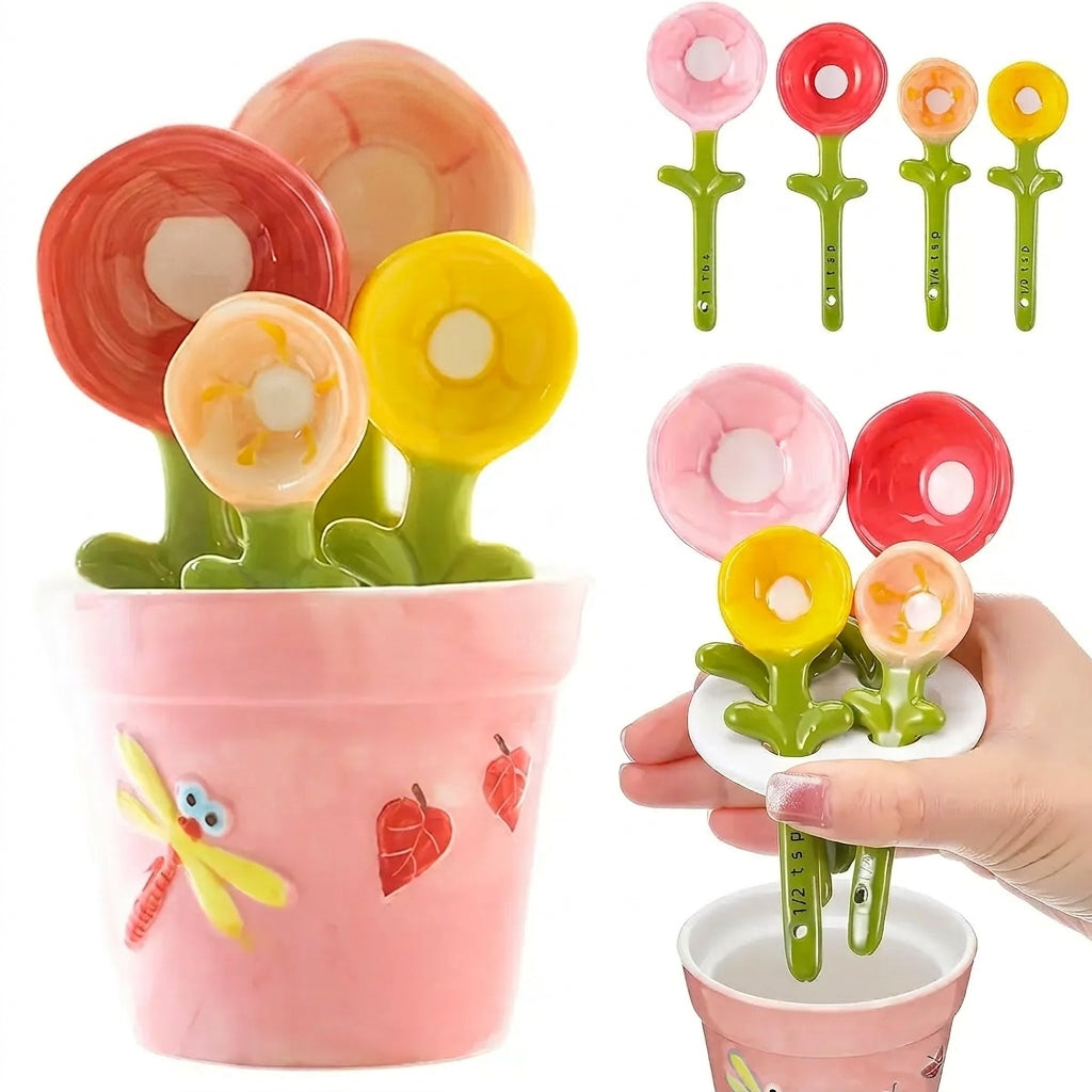 4-Piece Ceramic Flower Measuring Spoons Set with Flowerpot Base